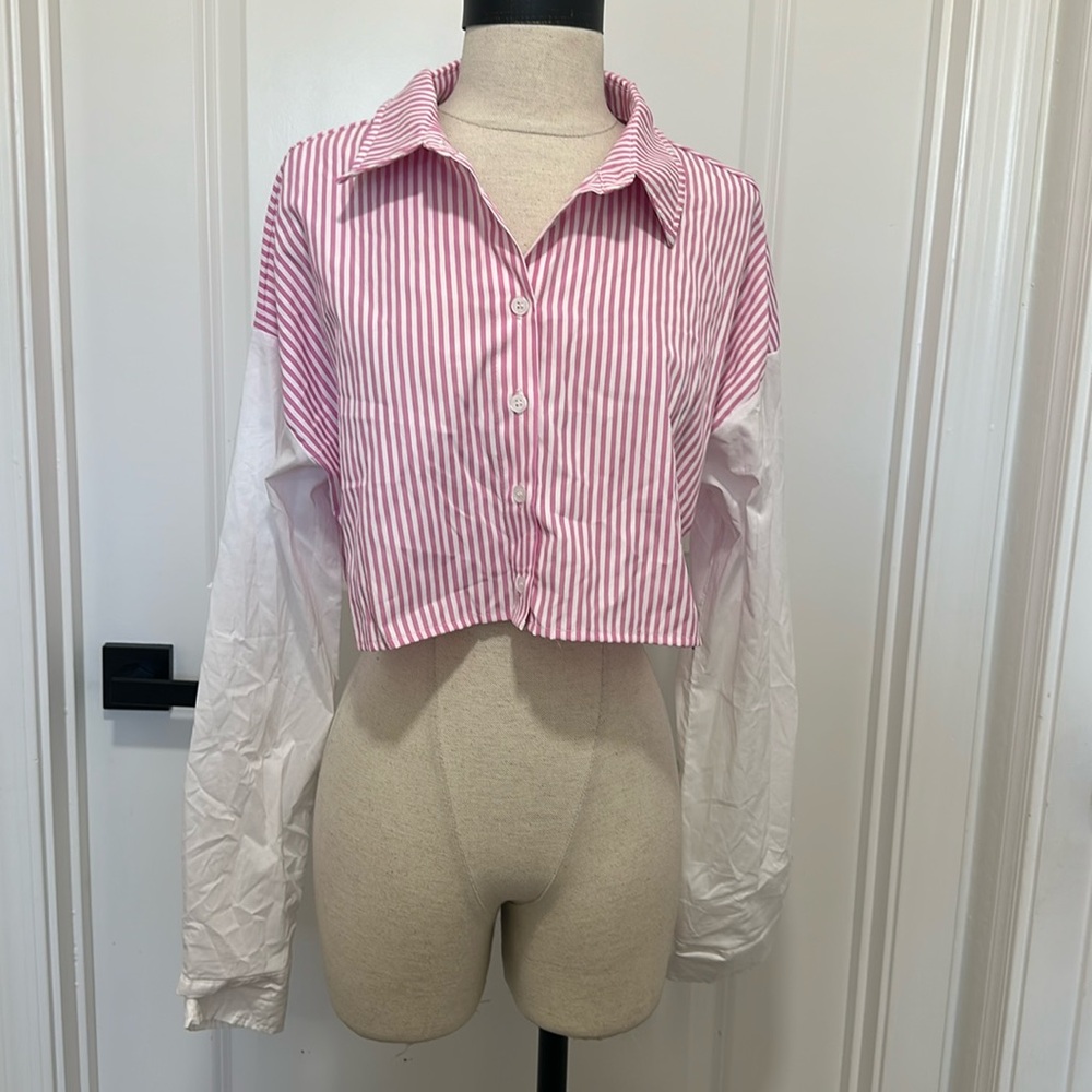 Fashion nova‎ pink and white strip crop XL long sleeve button shirt cotton women